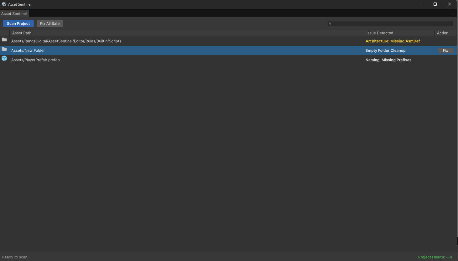 Asset Sentinel rule configuration and one-click fix controls
